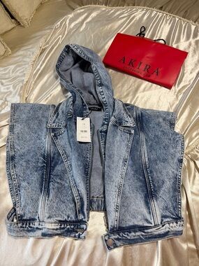 AKIRA Light Blue Acid Wash Denim Hooded Vest